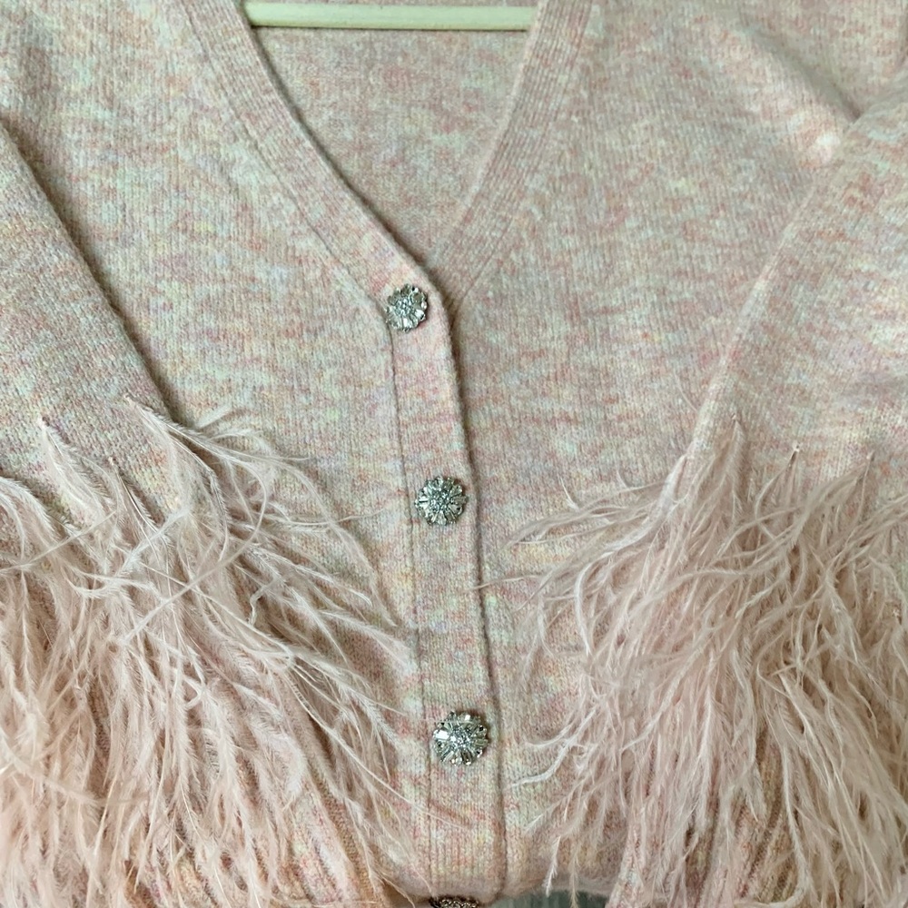 Cinq A Sept. BNWOT! Peach Brianna ostrich feather-embellished cardigan.